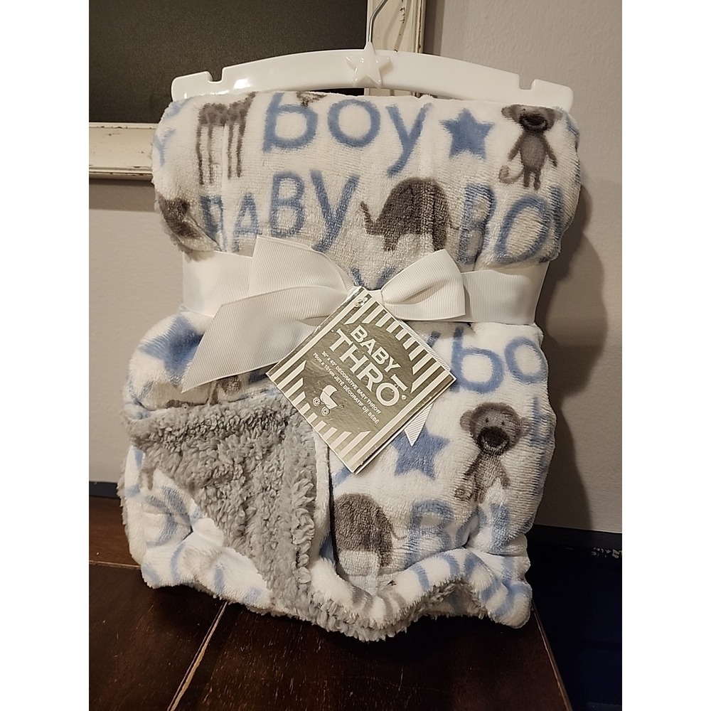 Thro Blue Gray Elephant‎ Baby Boy Blanket Corey Monkey Elephant Fleece Sherpa